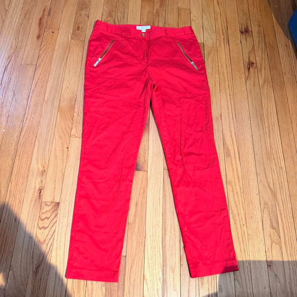 NWOT Michael Kors Vibrant Red Cotton Garment trousers zippers pants dressy 10